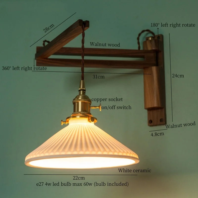 Walnut Wood LED Wall Lamp Copper Ceramic Minimalistic Loft Light
