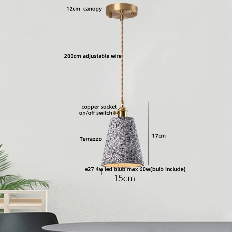 Afralia™ Terrazzo Stone LED Pendant Light Fixture Copper Socket for Modern Home Decor