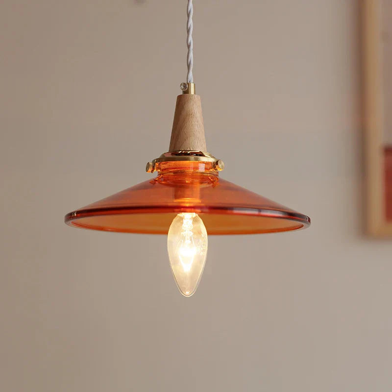 Wood Amber Glass LED Pendant Light Fixture - Nordic Modern Hanging Lamp