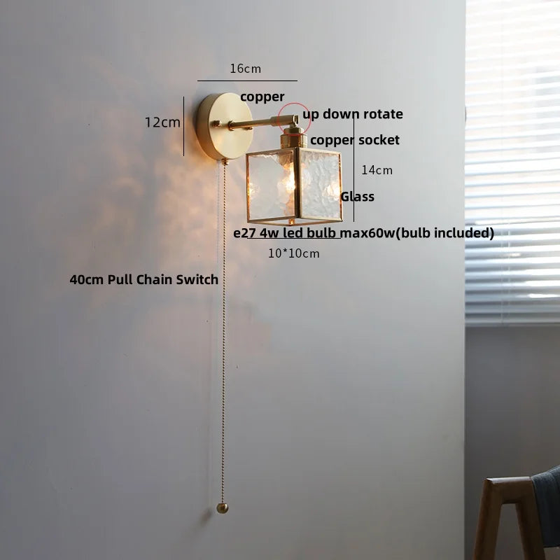 Clear Glass LED Wall Sconce Pull Chain Switch Modern Bathroom Mirror Light