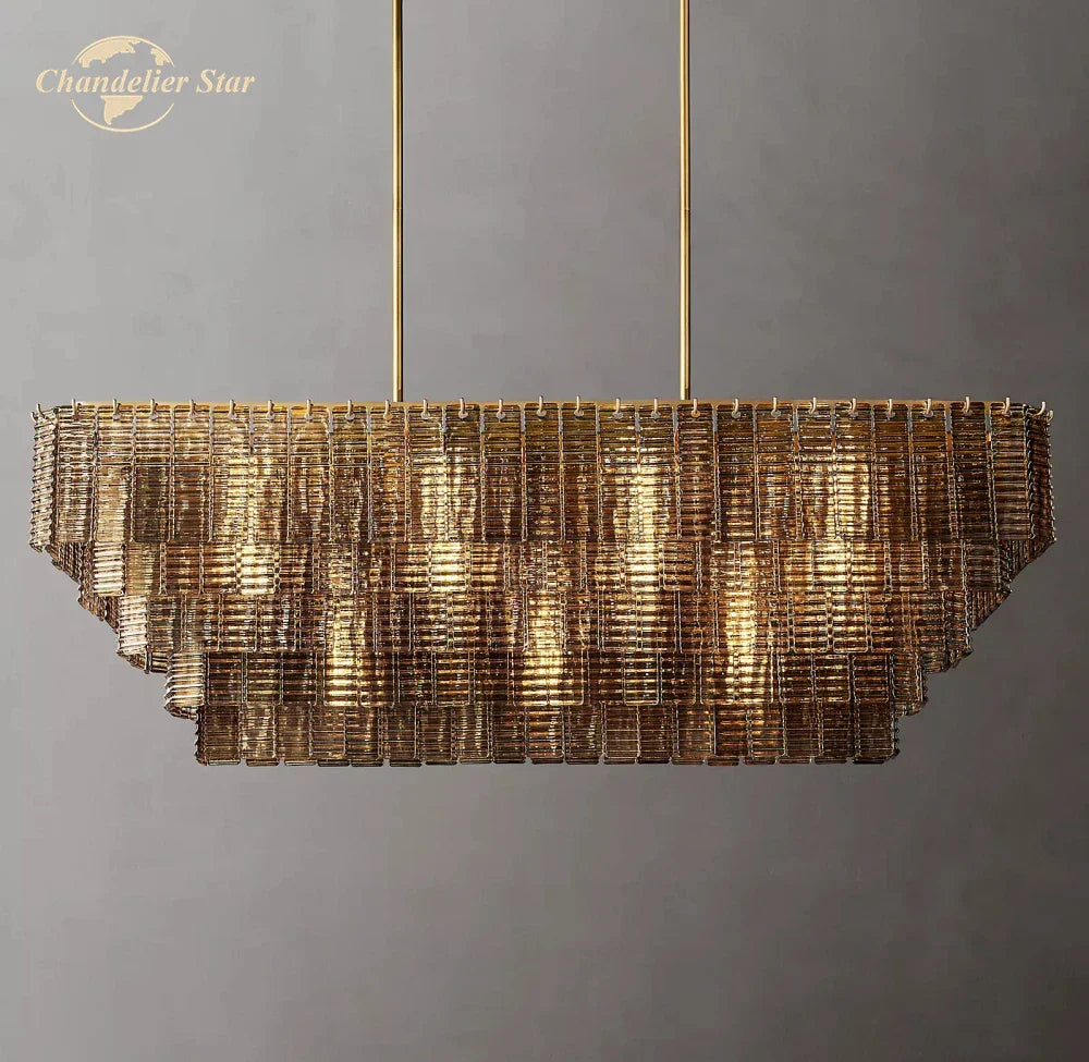 Smoke Glass LED Chandelier: Modern Rectangular Pendant Lighting for Dining & Living Room