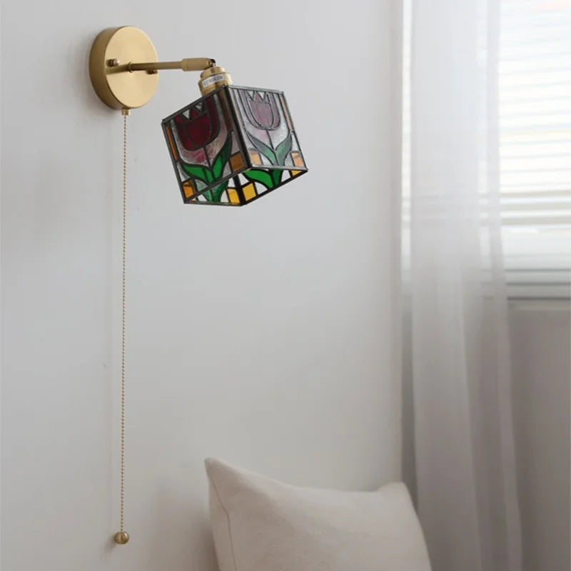 Colorful Square Glass LED Wall Lights with Pull Chain Switch - Tiffany Style