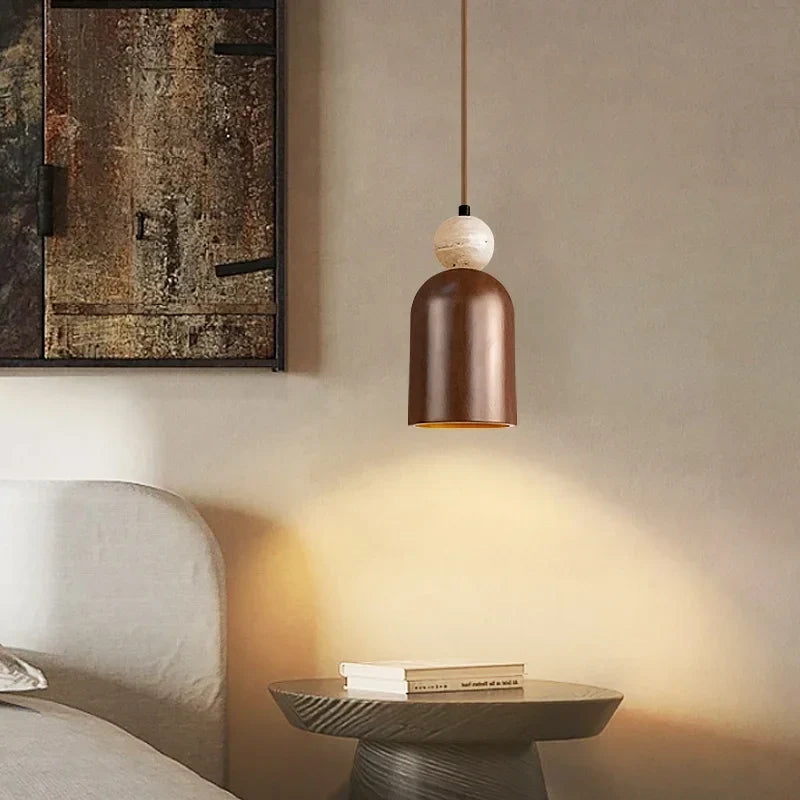 Wabi Sabi LED Pendant Lamp Yellow Travertine Wood Hanging Lights Lampara