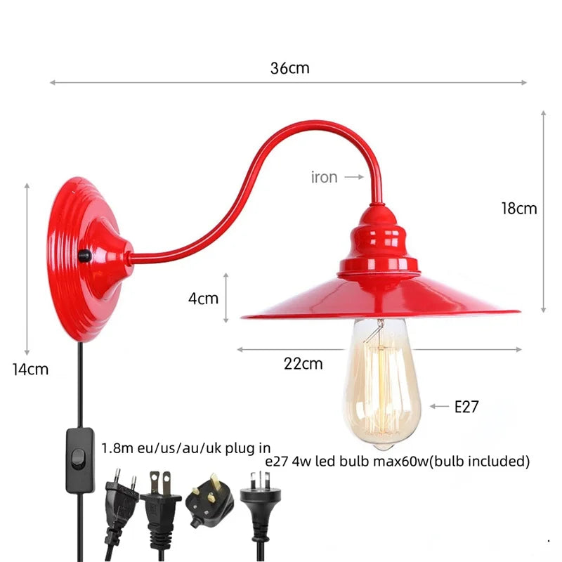 Afralia™ Edison Red LED Wall Lights - Iron Industrial Vintage Bedside Lamp