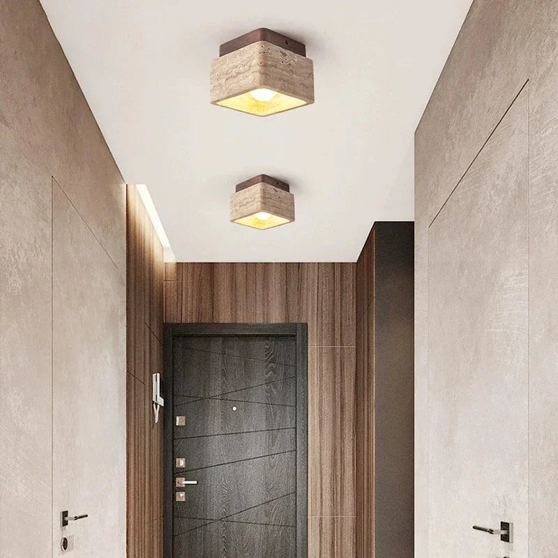 Travertine Stone Ceiling Lamp with E27 LED Bulb for Living Room