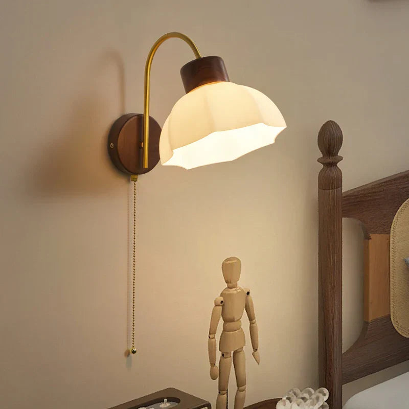 LED Wall Sconce Pull Chain Switch Modern Stair Lights Glass Wood