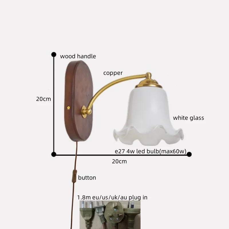 LED Japanese Style Wall Lights Copper Wood Bedside Lamp for Home Bedroom