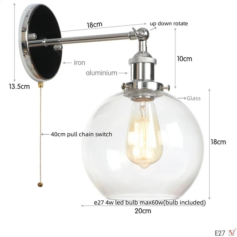 Afralia™ Glass Globe LED Wall Light Fixture Single Arm Bedside Lamp Vintage Industrial Style
