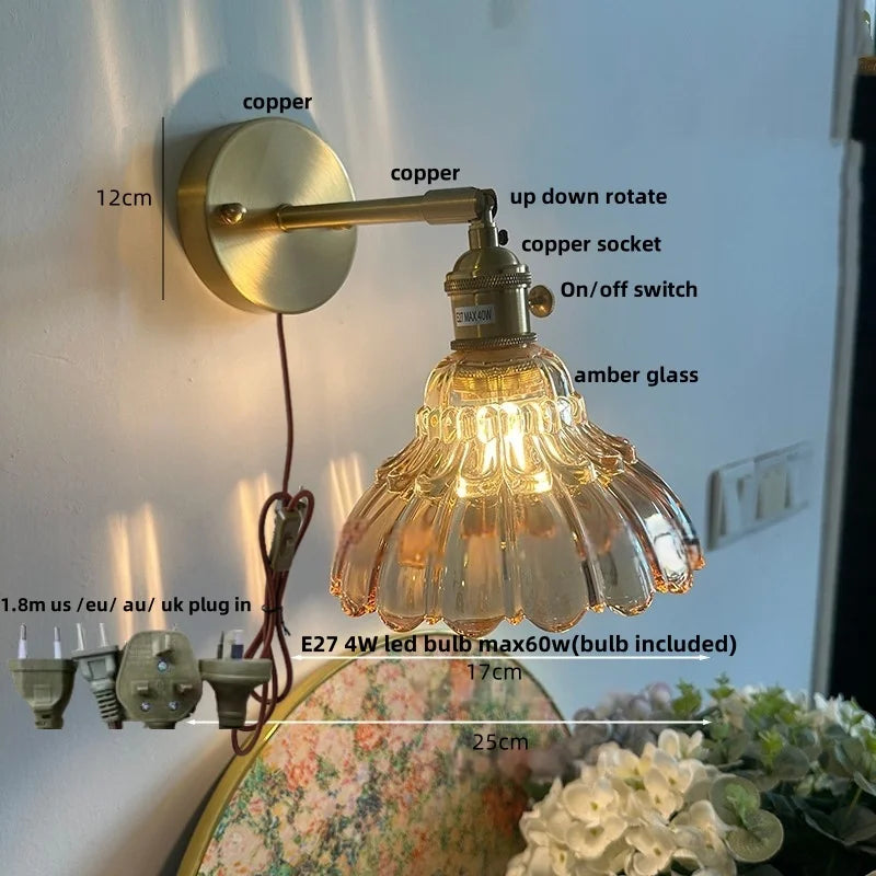 Flower Glass Pull Chain Wall Sconce, Rotatable Copper LED Stair Light