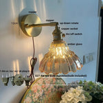 Flower Glass Pull Chain Wall Sconce, Rotatable Copper LED Stair Light