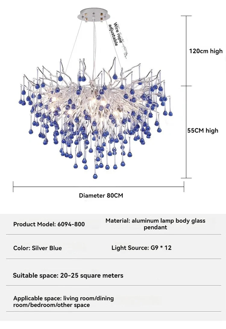 Blue Crystal LED Chandelier: Luxury Classic Pendant Light for Living Room.
