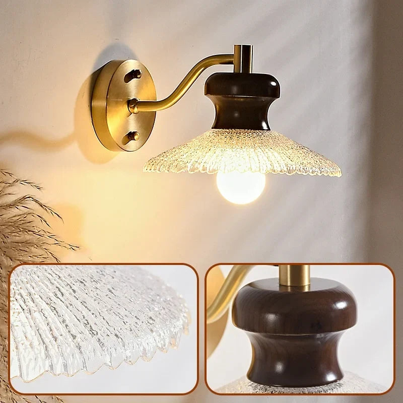 Wood Handled Copper Arm LED Wall Light - Vintage Bedside Lamp