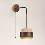 Yellow Travertine LED Wall Lamp Pull Chain Switch Stone Wood Modern Light