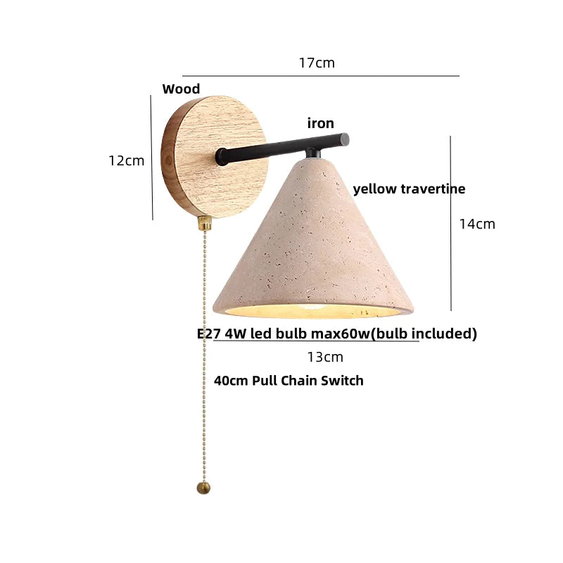 LED Yellow Travertine Wall Light with Wood Pull Chain Switch and Iron Frame
