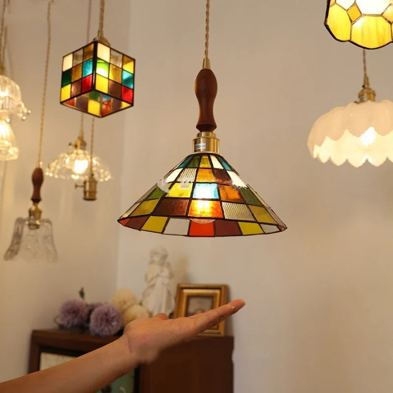 Walnut Wood LED Pendant Light Fixture with Colorful Glass Hang Lamp