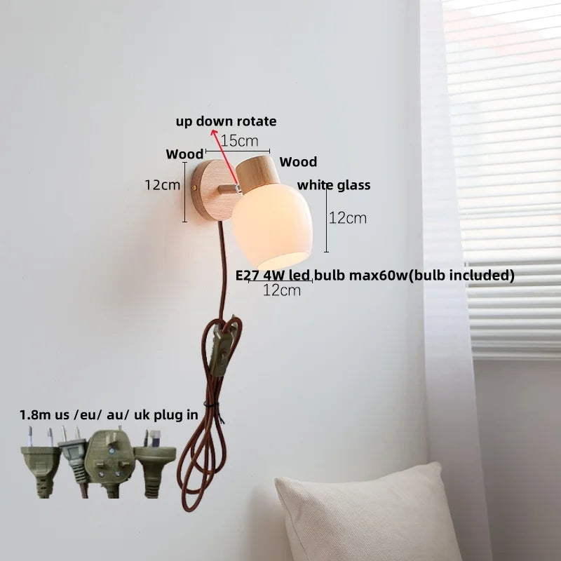 Modern LED Wall Sconce Light Fixture, Wood Canopy, White Glass, Nordic Design