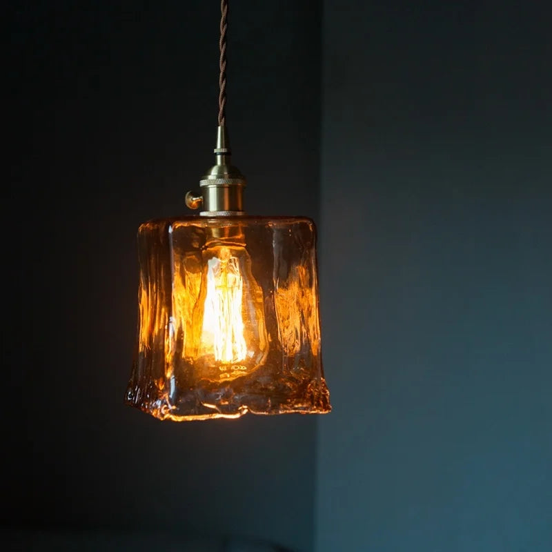 Brass Amber Glass LED Pendant Light for Restaurant Bedside Kitchen Loft Bar