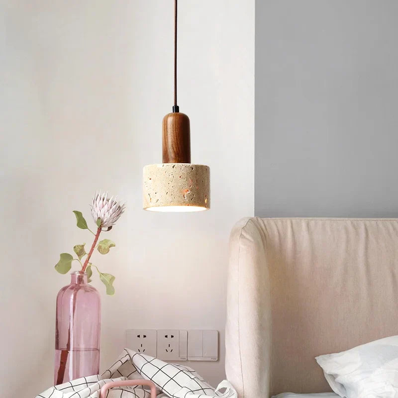 Afralia™ Yellow Travertine Cylinder Stone LED Pendant Lights for Interior Lighting