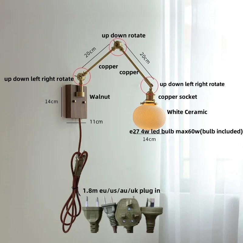 Rotatable 2-Swing Arm Walnut Wood LED Wall Lamp for Living Room & Cafe