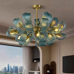 Blue Glass Flower Ceiling Chandelier Copper Hanging Lamps