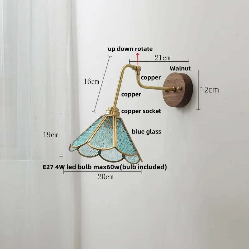 Rotating Copper LED Wall Light with Pull Chain Switch and Walnut Base