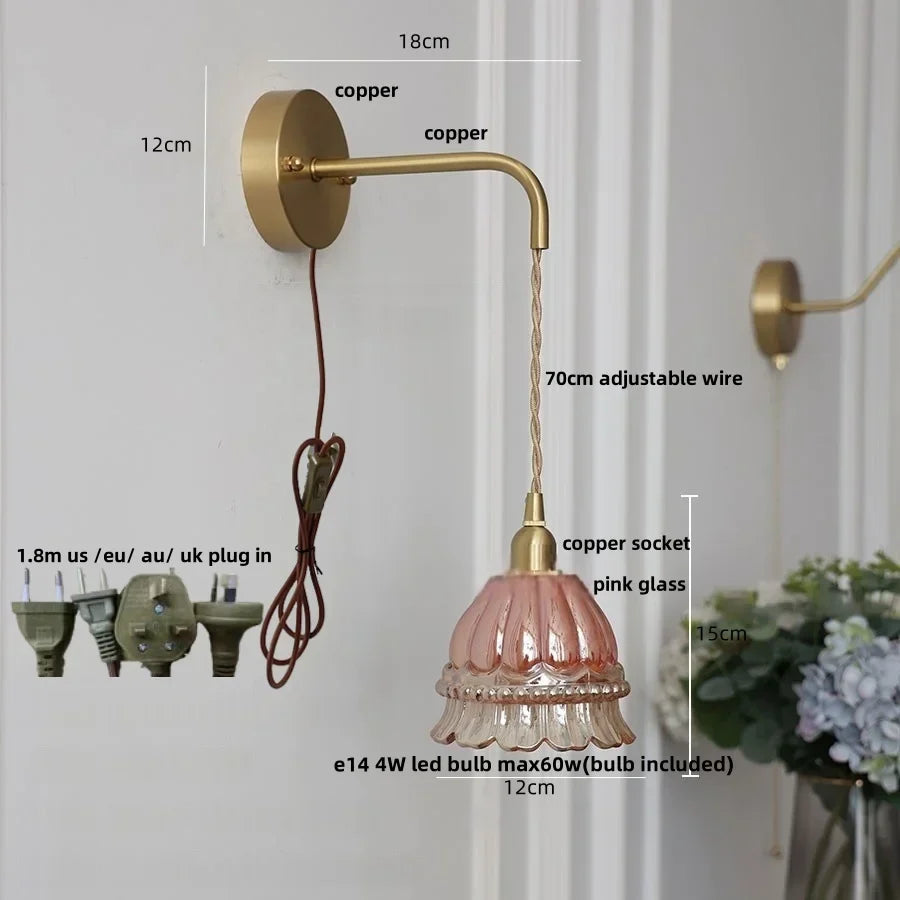 Amber Glass LED Wall Light with Pull Chain Switch, Modern Nordic Flower Wall Sconce