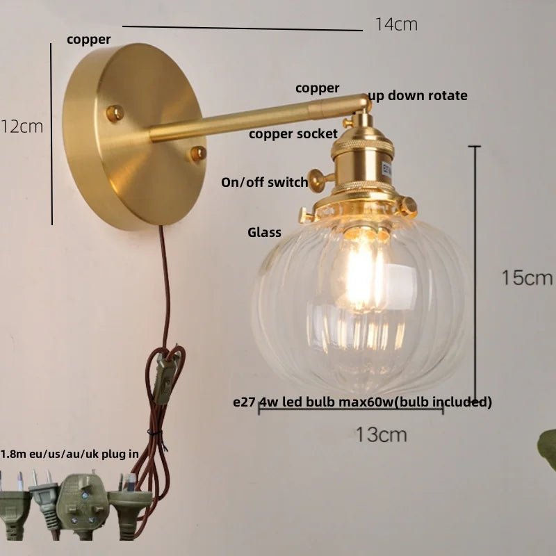 Nordic LED Glass Wall Light with Switch Bedside Lamp