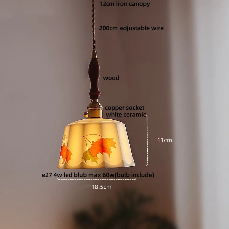 Brown Wood LED Pendant Light - Nordic Modern White Ceramic Hanging Lamp