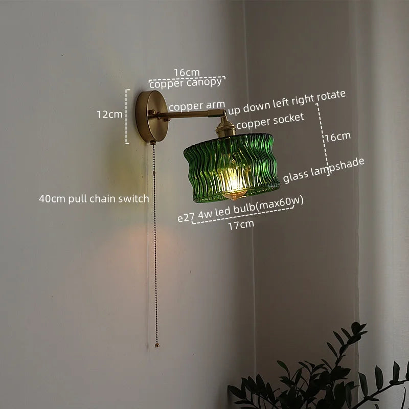 LED Glass Copper Wall Sconce Pull Chain Switch Lamp for Bedroom Living Room