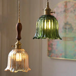 Walnut Wood LED Pendant Light Fixture with Glass Lampshade and Knob Switch