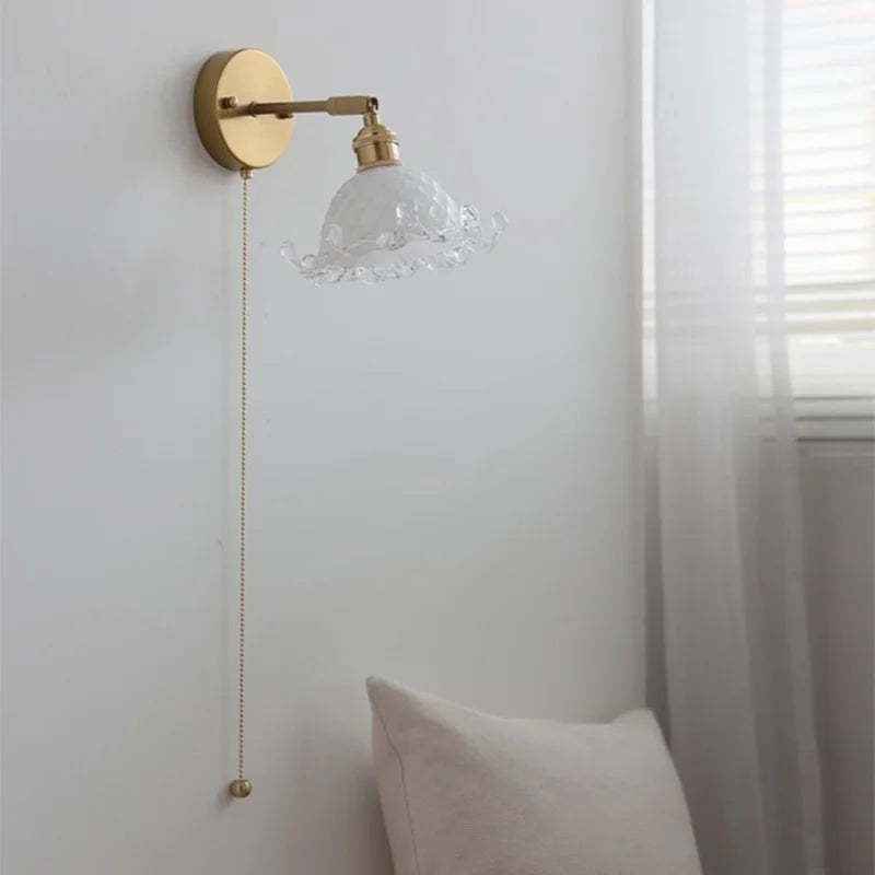 White Glass Copper LED Wall Sconce with Pull Chain Switch