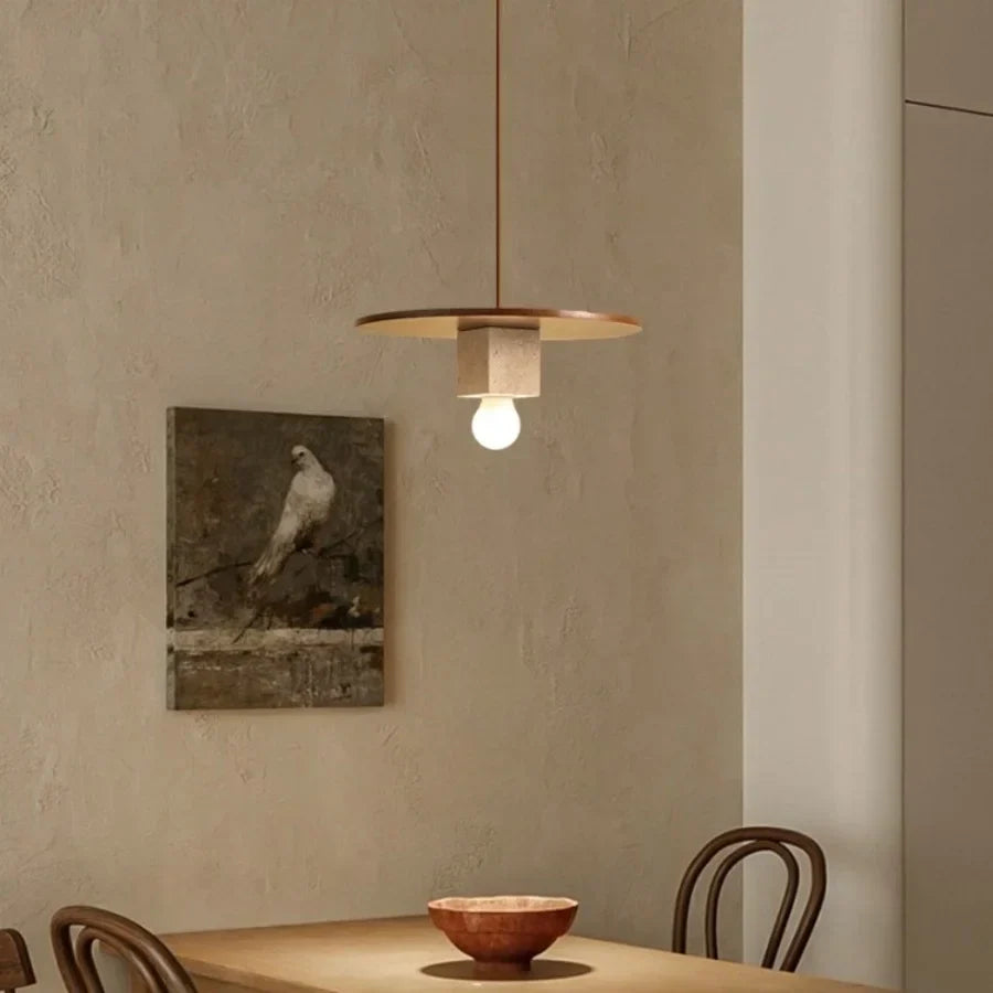 Afralia™ Round Wood LED Pendant Light | Yellow Travertine Stone | Wabi Sabi Home Decor