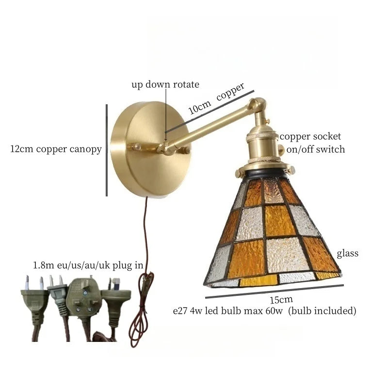 Tiffany Glass LED Wall Lamp Pull Chain Switch Vintage Copper Wall Lights