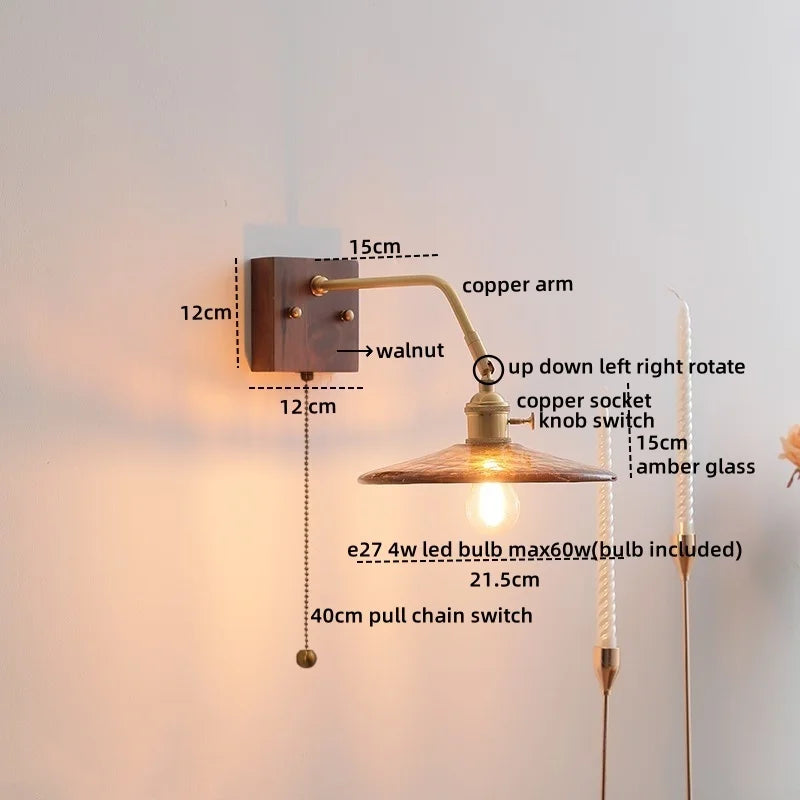 Walnut Copper LED Wall Lights Fixture with Pull Chain Switch - Modern Bedside Lamp