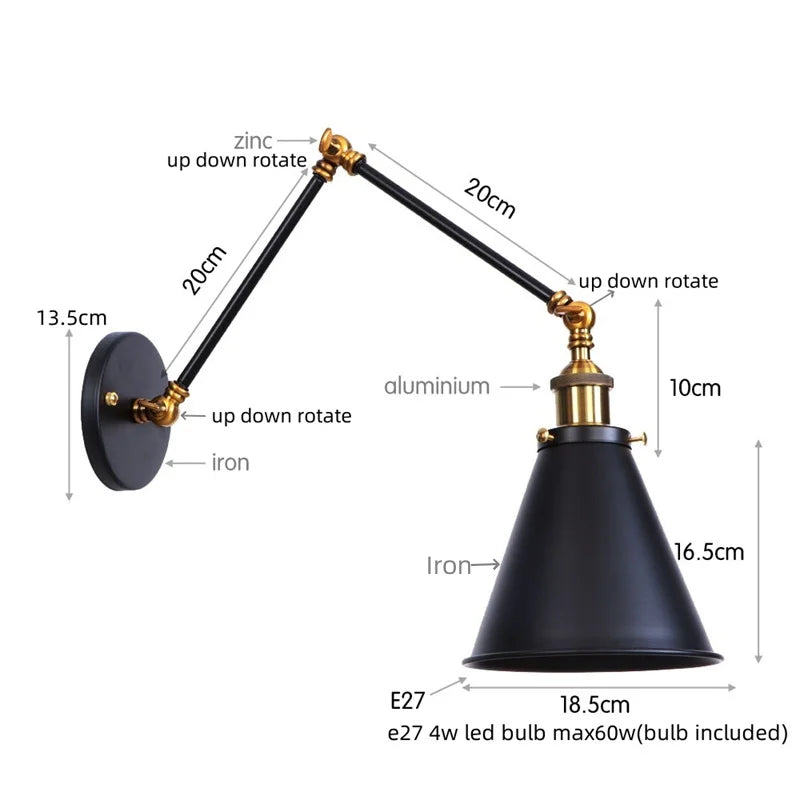 Afralia™ Retro LED Swing Arm Bedside Wall Lamp Rustic Industrial Iron Loft Wall Light