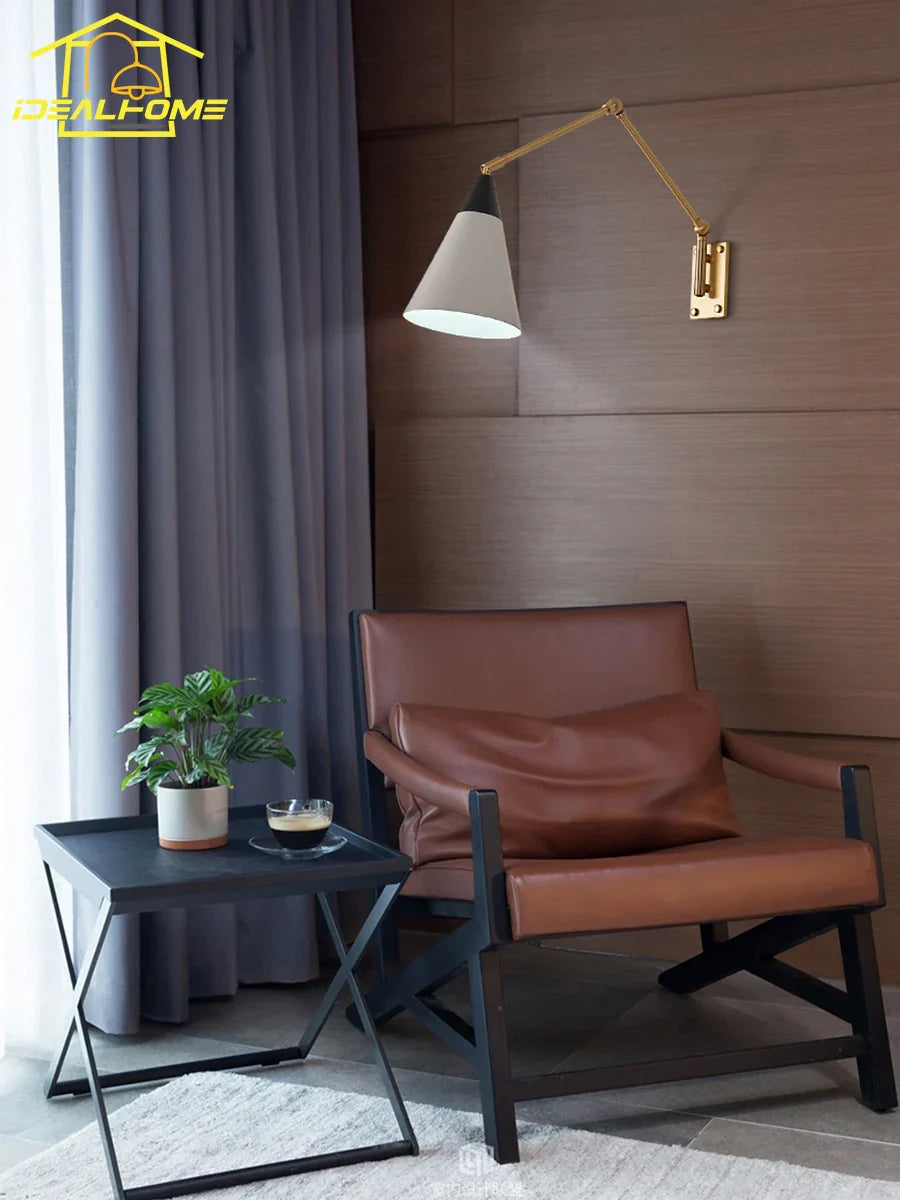 Gold Lustre Copper Swing Arm Wall Lamp LED E27 for Villa Bedroom Study