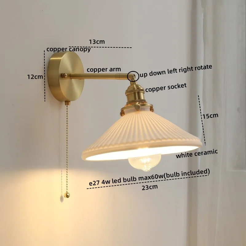 Ceramic LED Wall Light with Pull Chain Switch for Bedroom Bathroom Living Room