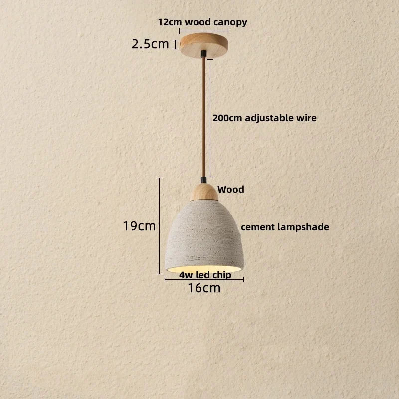 Wood Cement LED Pendant Light Fixture Adjustable Hanging Lamp