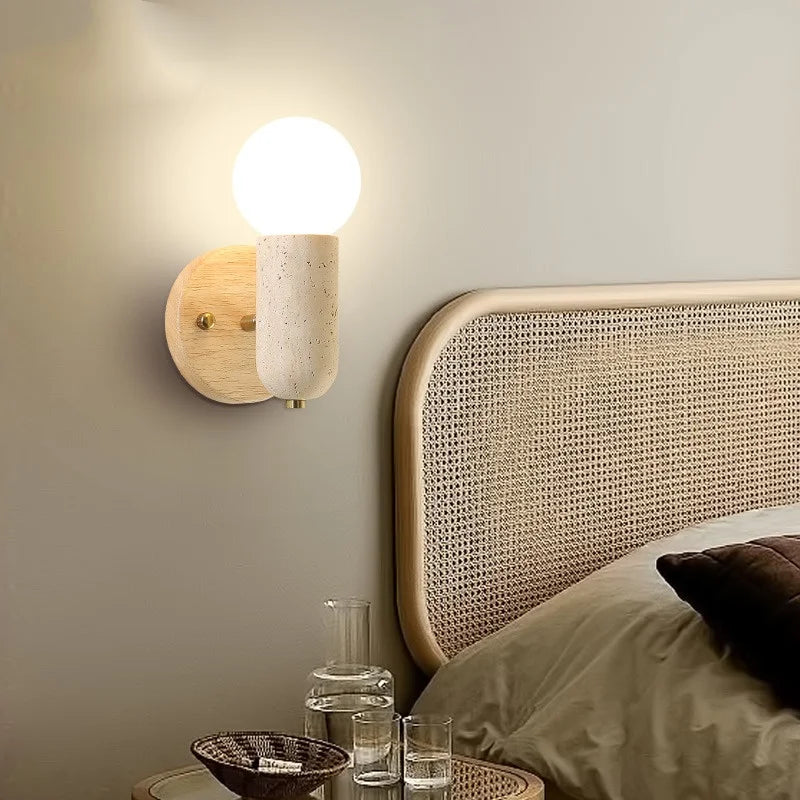 Wood & Travertine LED Wall Sconce with Pull Chain Switch