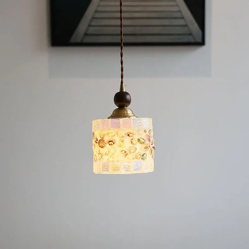 Glass LED Pendant Lights Walnut Wood Adjustable Hanging Lamp