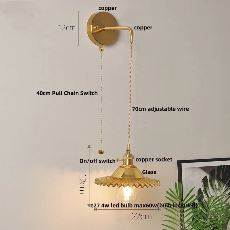 Glass Wall Lamp with Pull Chain Switch and Adjustable LED Light