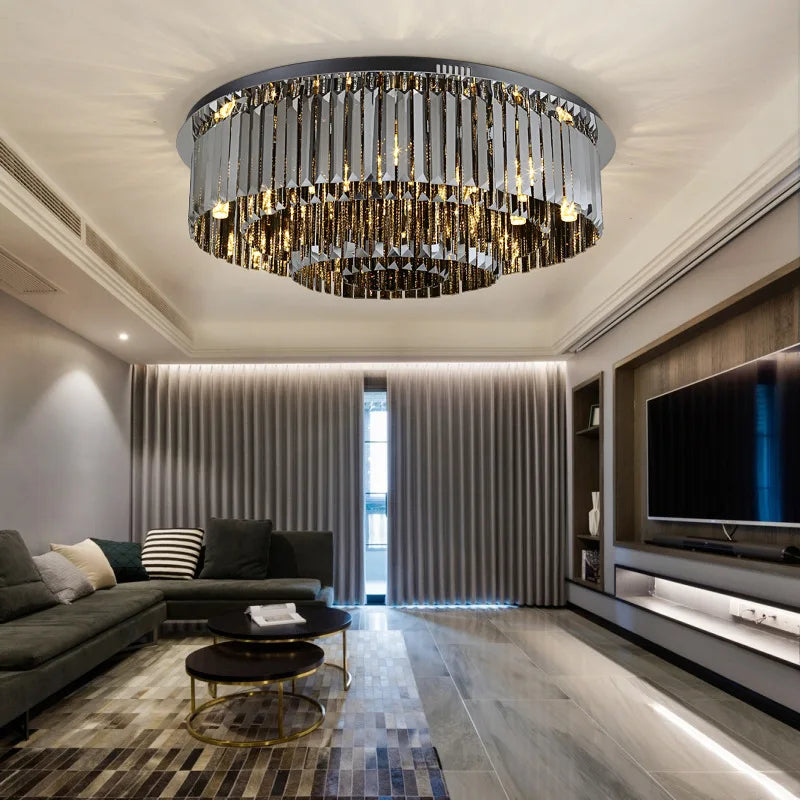 Smoky Grey Crystal Ceiling Light for Living Room Bedroom LED Ambiance