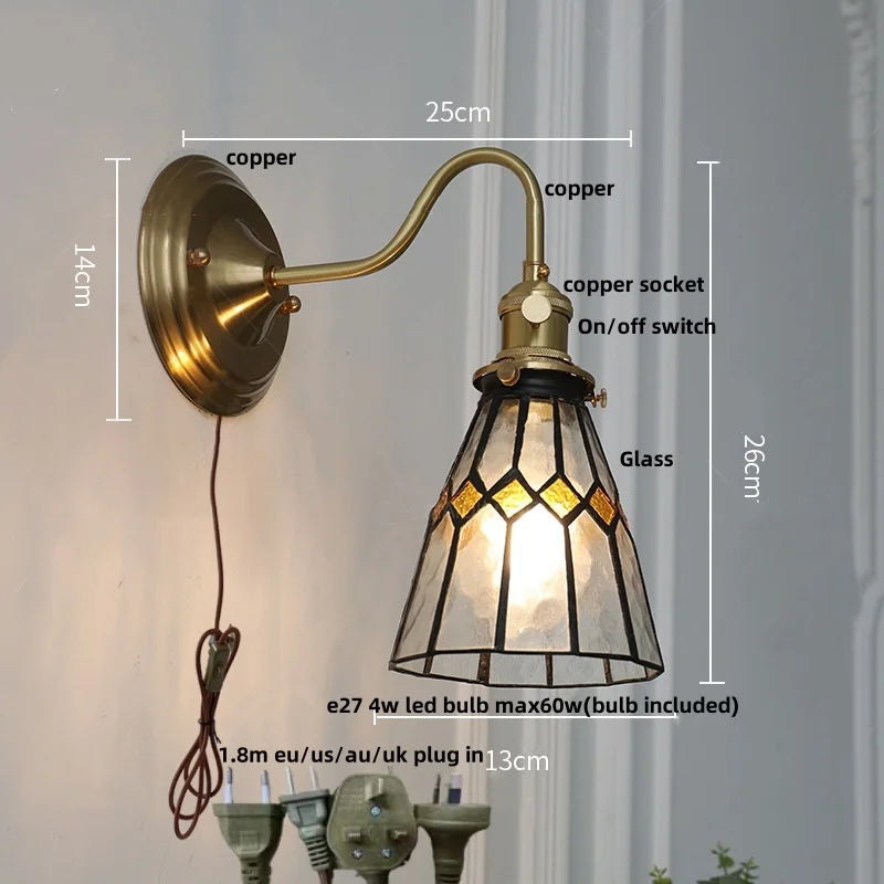 Afralia™ Blue Glass Copper LED Wall Light Fixture Stair Bar Restaurant Bedroom E27