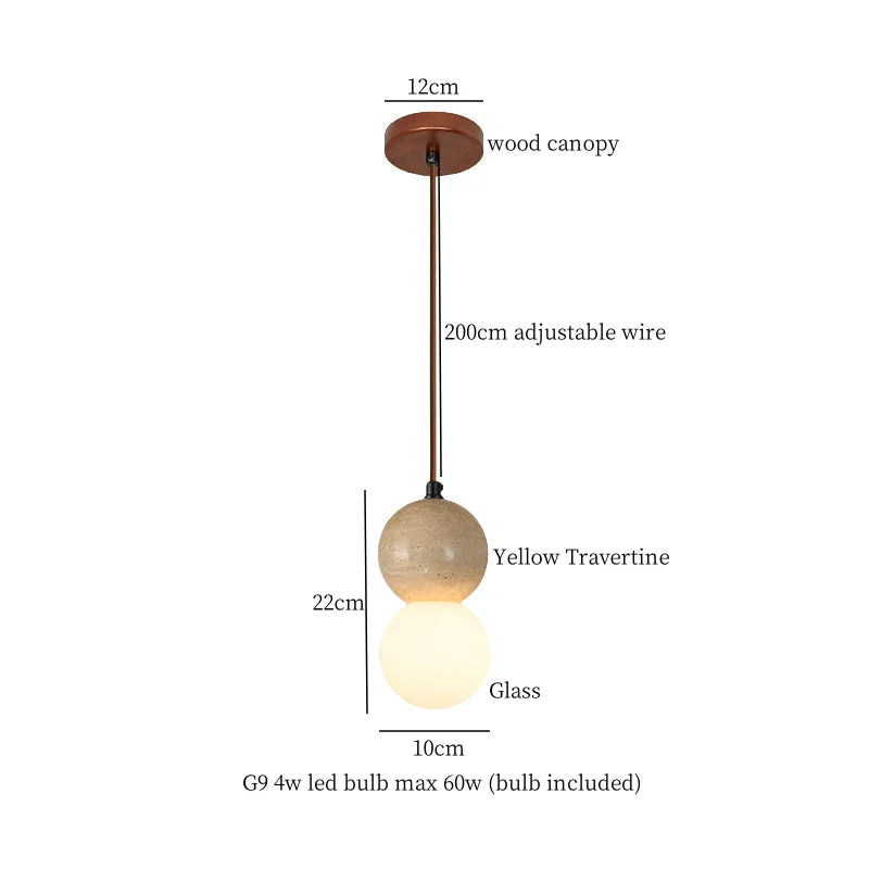 Yellow Travertine Spherical Stone LED Pendant Light for Bedroom Dining Living Room