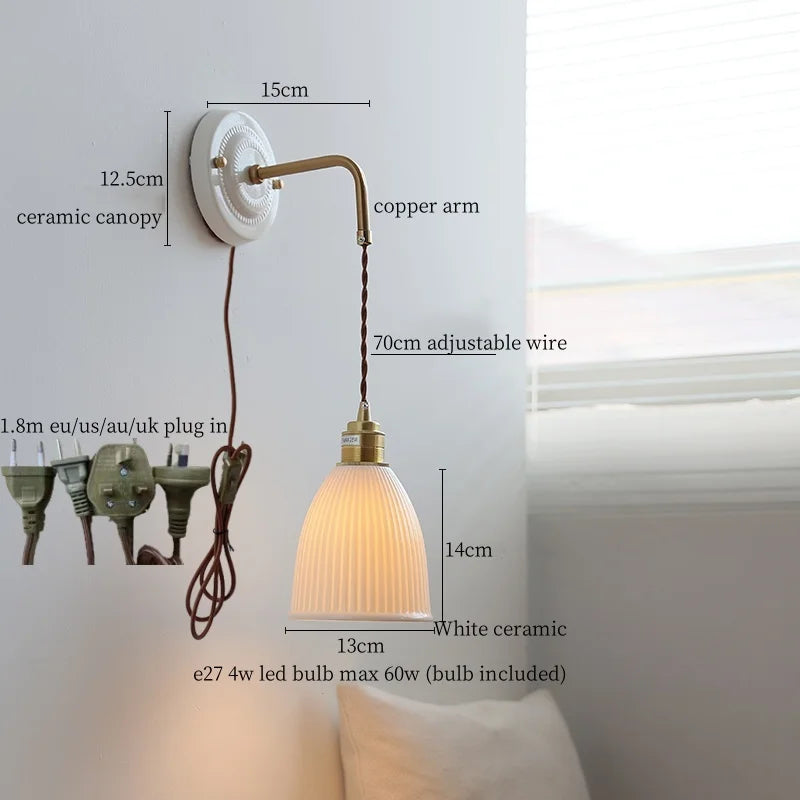 Pleats Ceramic LED Sconce Lamp with Adjustable Copper Arm for Bedroom Bathroom Mirror