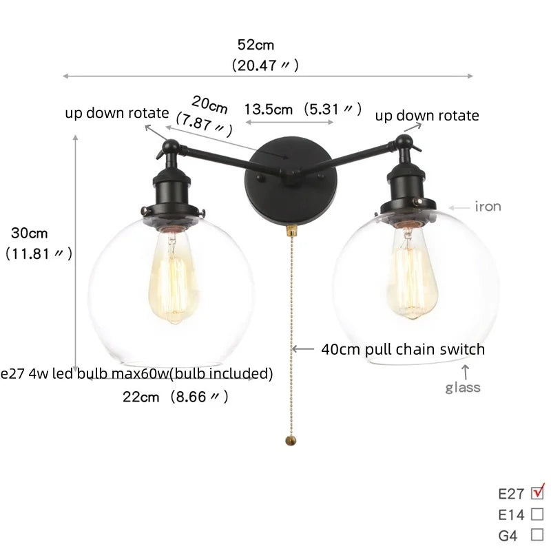 Black LED Wall Sconce 2-Head Lamp for Bedroom Bathroom Mirror