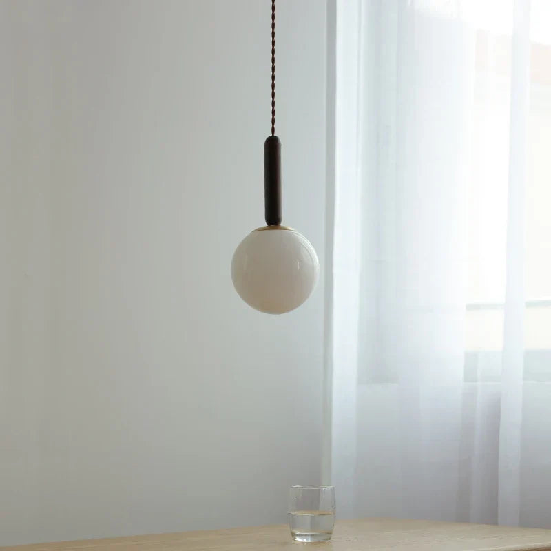 White Globe Glass LED Pendant Light Fixture with Walnut Wood, Adjustable, Nordic Modern Style