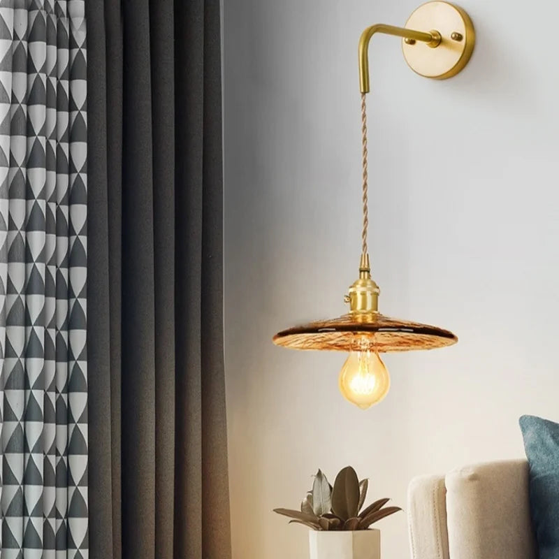 Glass LED Wall Sconce Bedroom Loft Bathroom Stair Light Pull Chain Copper