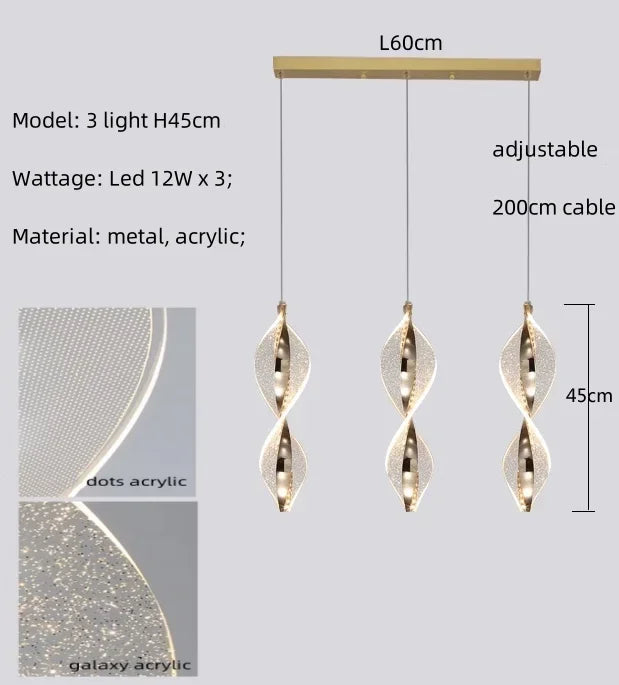 Spiral Gold LED Chandelier Acrylic Pendant Lights for Modern Bedside Stairs