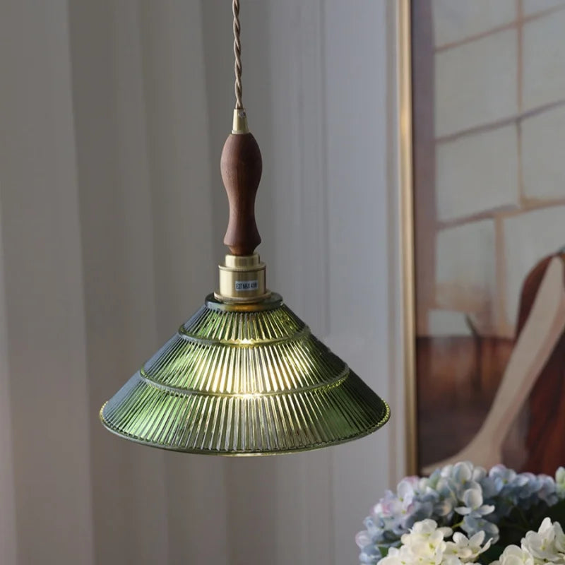 Walnut Wood LED Pendant Light Fixture with Adjustable Green Glass Shade